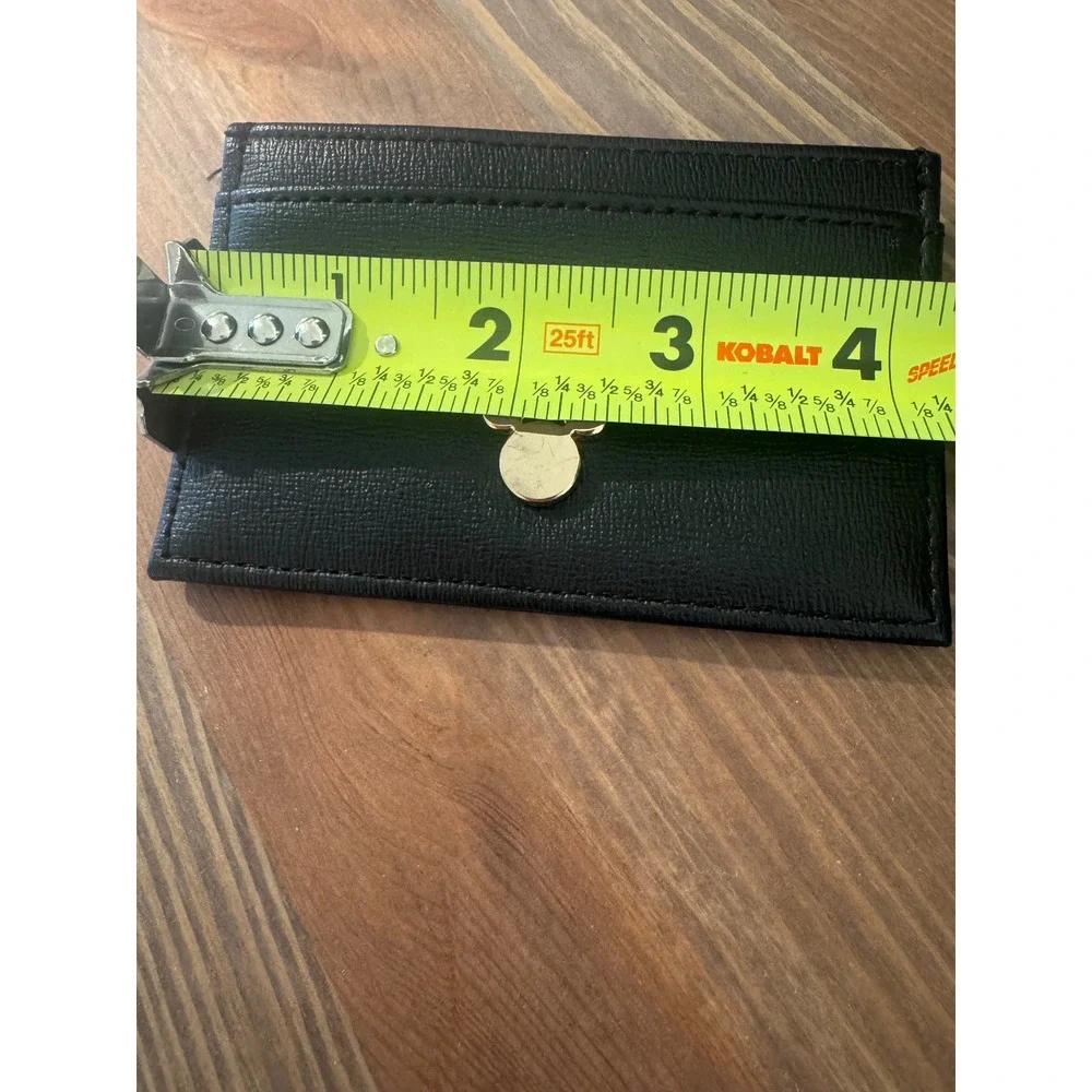 Disney Mickey Mouse Black Faux Leather Slim Card Holder Wallet Gold Tone Emblem